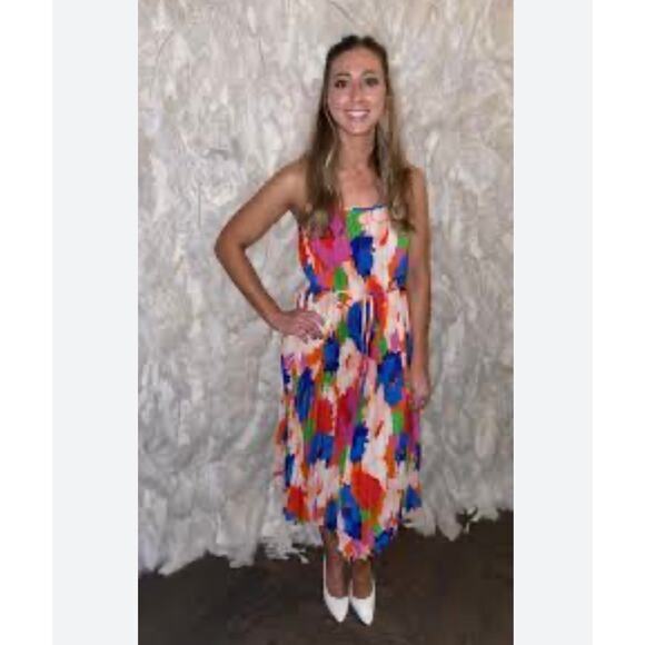 NWT Sam Edelman Retro Multicolor Floral Plisse Midi Flowy Dress Belted Size L - Picture 2 of 9